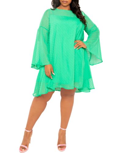 Buxom Couture Swiss Dot Long Sleeve Chiffon Shift Dress - Green