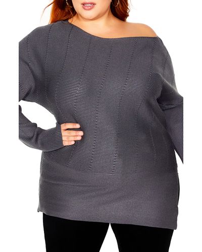 City Chic Lean In One-shoulder Rib Sweater - Gray