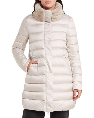 Save The Duck Dalea Faux Fur Collar Puffer Long Jacket - Natural