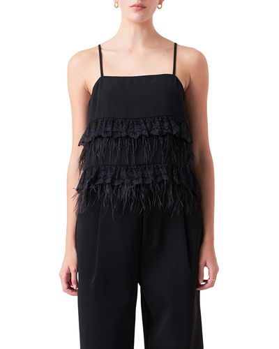 Endless Rose Lace Feather Trim Camisole - Black