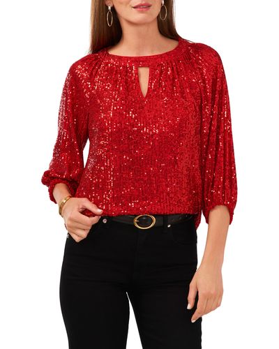 Vince Camuto Sequin Keyhole Neck Blouse - Red