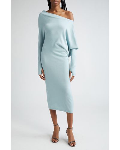 Tom Ford One-shoulder Long Sleeve Cashmere & Silk Midi Sweater Dress - Blue