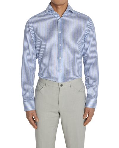 Jack Victor Thornhill Contemporary Fit Stripe Linen & Cotton Button-up Shirt - Blue