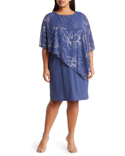Sl Fashions Floral Asymmetric Popover Shift Dress - Blue