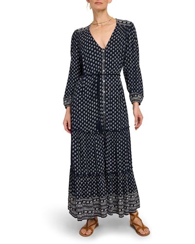 Faherty Orinda Belted Long Sleeve Button Front Maxi Dress - Blue