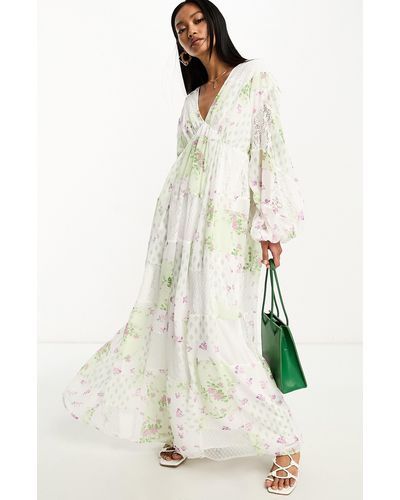 ASOS Floral & Lace Patchwork Long Sleeve Trapeze Maxi Dress - Natural