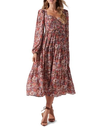 Astr Floral Pleated Long Sleeve Midi Dress - Red