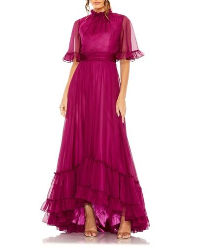 Mac Duggal Ruffle High Neck Flutter Sleeve A-line Gown - Purple