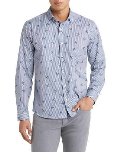 Stone Rose Dry Touch Stripe Plane Print Performance Sateen Button-up Shirt - Blue