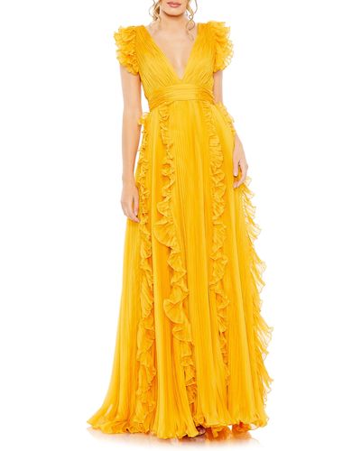 Mac Duggal Pleated Ruffle Cap Sleeve Chiffon Gown - Yellow