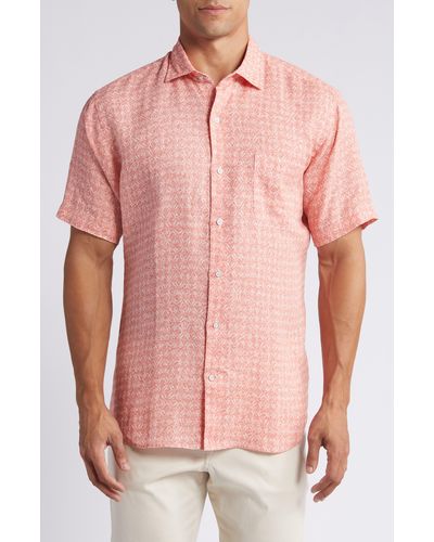 Peter Millar Sandblast Geo Print Short Sleeve Linen Button-up Shirt - Pink