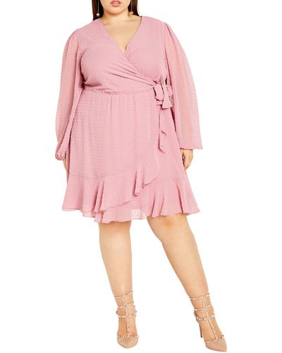 City Chic Long Sleeve Dobby Faux-wrap Dress - Pink