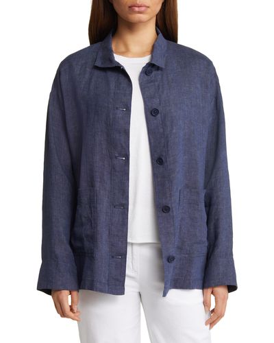 Eileen Fisher Stand Collar Organic Linen Long Jacket - Blue