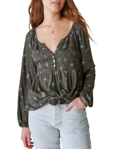 Lucky Brand Floral Smocked Babydoll Top - Black