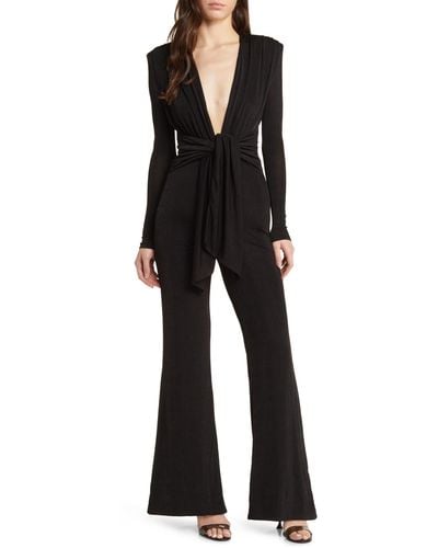 Misha Collection Thelka Knot Detail Plunge Long Sleeve Flare Jumpsuit - Black