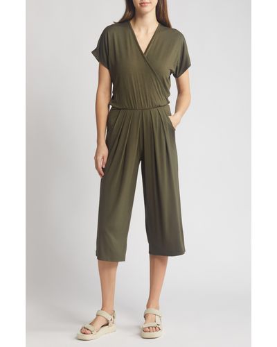 Loveappella Short Sleeve Wrap Front Crop Jumpsuit - Green