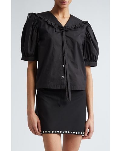 Sandy Liang Florent Puff Sleeve Cotton Poplin Button-up Shirt - Black