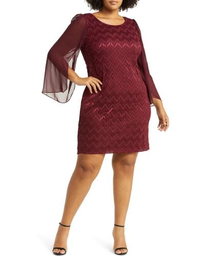 Connected Apparel Chevron Long Sleeve Lace & Chiffon Dress - Red