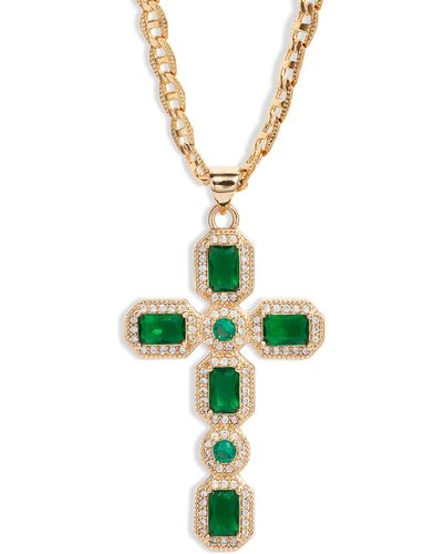 VIDAKUSH Ornate Cubic Zirconia Cross Pendant Necklace - Green