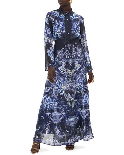 Camilla Floral Cutwork Lace Collar Long Sleeve Silk Shirtdress - Blue