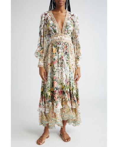 Camilla Floral Long Sleeve Plunge Neck Silk Maxi Dress - Natural