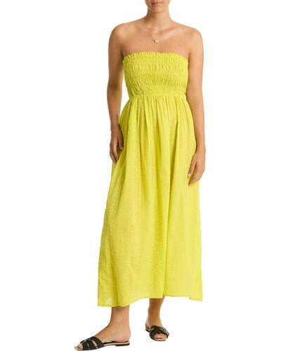 Sea Level Heatwave Strapless Cotton Cover-up Dress - Yellow