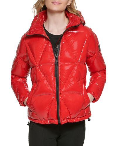 Karl Lagerfeld Water Resistant Down & Feather Fill Short Hooded Puffer Coat - Red