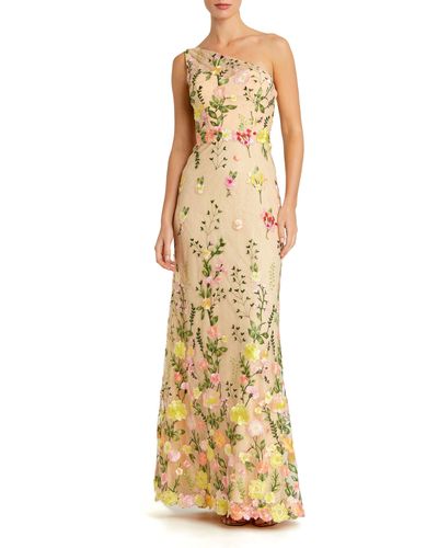 Mac Duggal Floral Embroidery One-shoulder Gown - Metallic