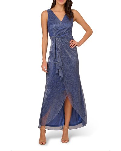 Adrianna Papell Metallic Sleeveless Mesh High/low Gown - Blue
