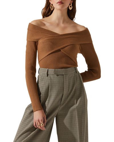 Astr Zayla Crossover Off The Shoulder Rib Sweater - Brown