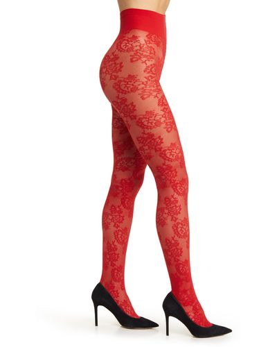 Oroblu Fine Sheer Lace Tights - Red