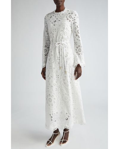 Zimmermann Ottie Mock Neck Long Sleeve Guipure Lace Maxi Dress - White
