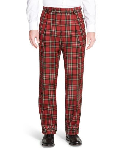 Berle Touch Finish Pleated Classic Fit Plaid Wool Pants - Red