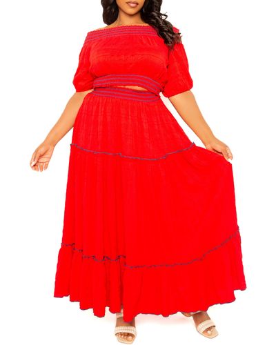 Buxom Couture Smocked Off The Shoulder Puff Sleeve Top & Maxi Skirt Set - Red