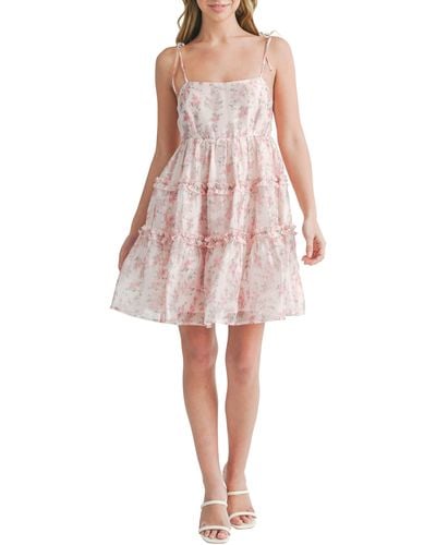 All In Favor Floral Tiered Babydoll Minidress In At Nordstrom, Size Large - Pink