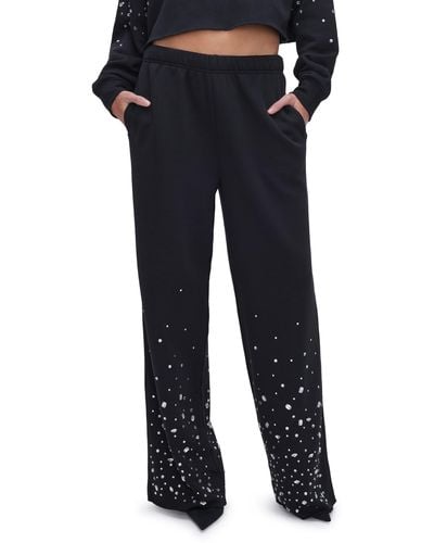 GOOD AMERICAN Crystal Embellished Fleece Wide Leg Sweatpants - Black
