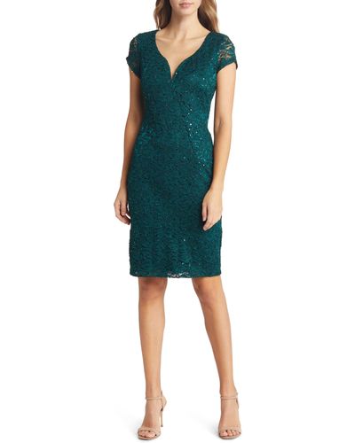 Connected Apparel Sweetheart Neck Sequin Lace Cocktail Dress - Green