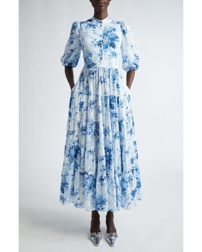 Erdem Floral Print Tiered Dress - Blue