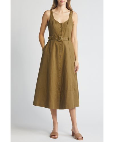 PAIGE Arienne Sleeveless Belted Linen & Cotton Midi Dress - Natural