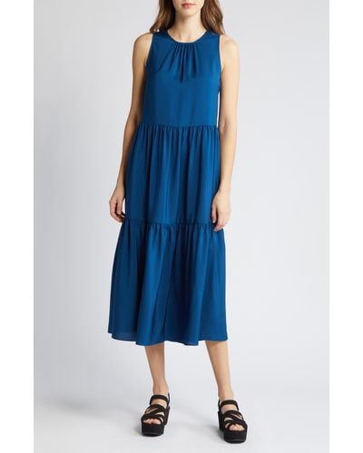 Eileen Fisher Tiered Silk Midi Dress - Blue