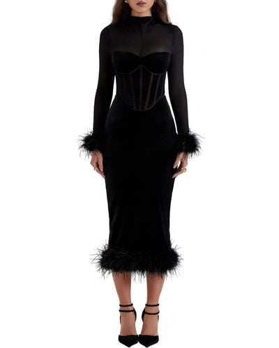 House Of Cb Lianna Feather Trim Long Sleeve Corset Midi Dress - Black
