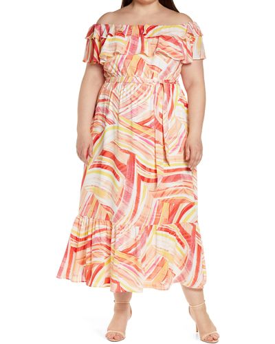 DONNA MORGAN FOR MAGGY Mix Stripe Off The Shoulder Maxi Dress - Pink