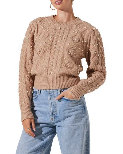 Astr Imitation Pearl Embellished Cable Stitch Sweater - Blue