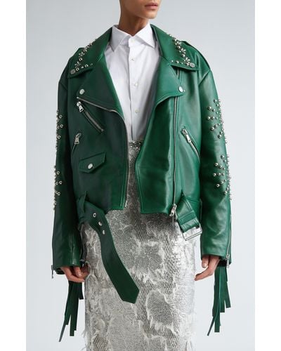 Erdem Studded Oversize Leather Biker Jacket - Green