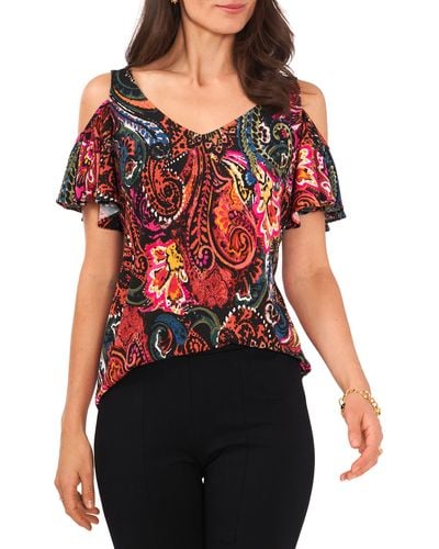 Chaus Print Cold Shoulder Top - Red
