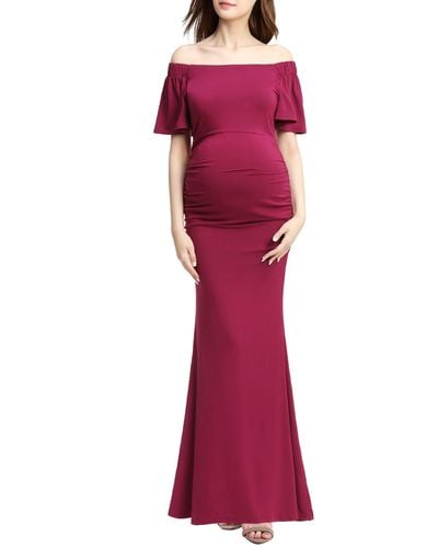 Kimi + Kai Abigail Off The Shoulder Maternity Trumpet Gown - Red