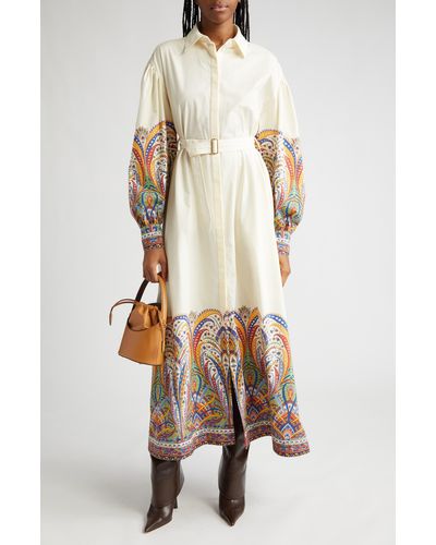 Etro Placed Paisley Long Sleeve Cotton Shirtdress - Natural