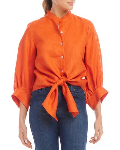 Karen Kane Tie Front Linen Button-up Top - Orange