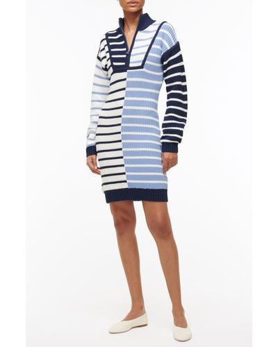 STAUD Mixed Stripe Long Sleeve Cotton Blend Sweater Dress - Blue