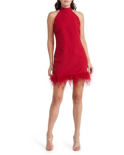 Sam Edelman Halter Neck Feather Trim Cocktail Dress - Red